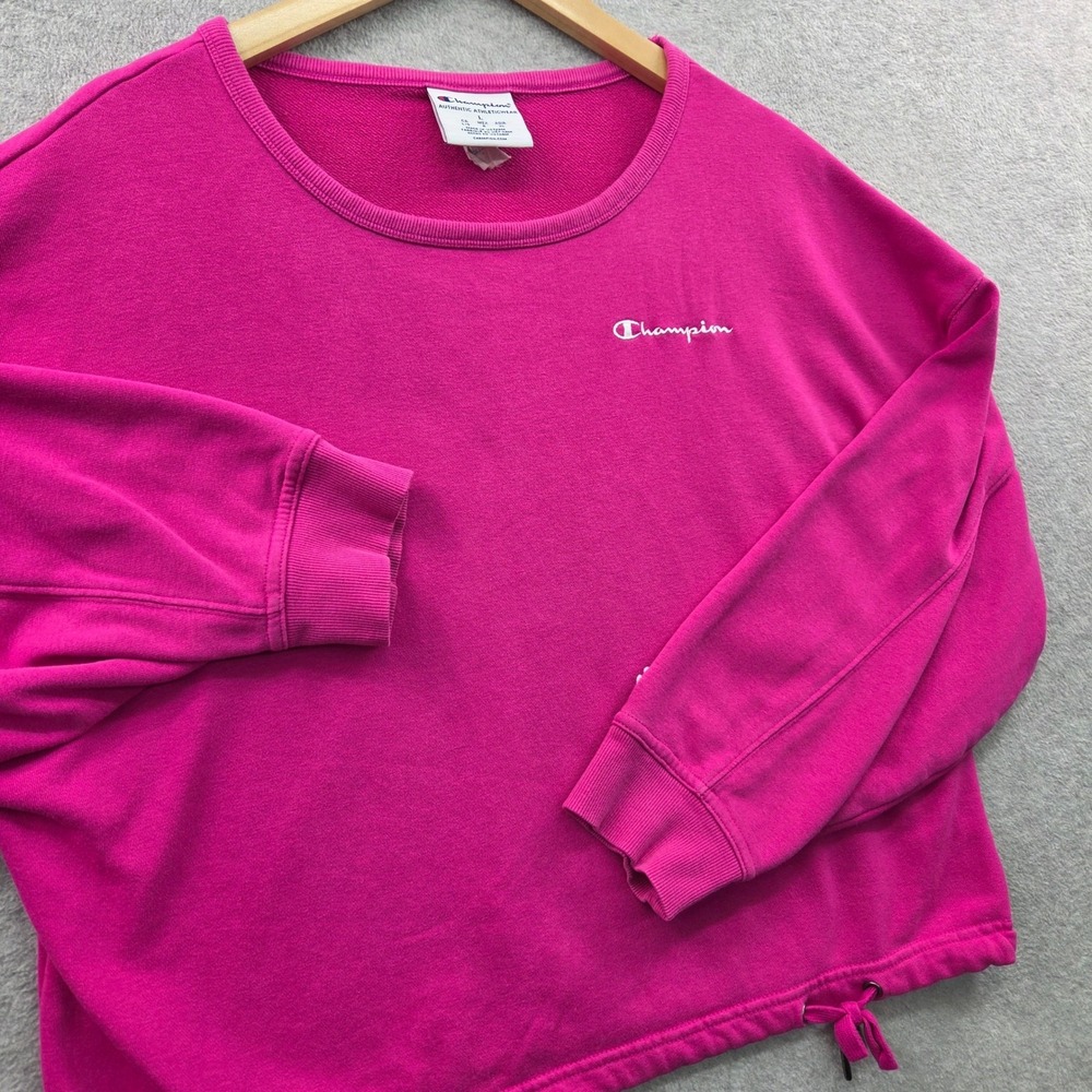 Barbiecore CHAMPION Drawstring CROPPED Sweatshirt Loungewear Womens L Pink Comfy